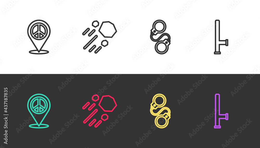 Set line Location peace, Flying stone, Handcuffs and Police rubber baton on black and white. Vector