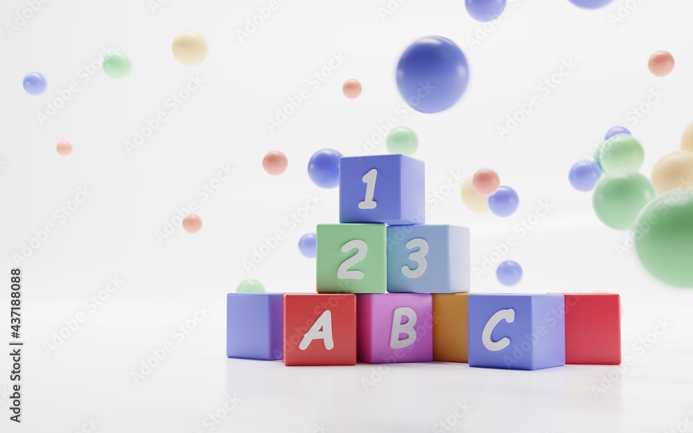 Cartoon toy pyramid cubes for kids with dynamic balls. Plastic block shapes with numbers and letters on white background. Children constructor for fun games, motor skills development, 3d illustration Cartoon toy pyramid cubes for kids with dynamic balls. Plastic block shapes with numbers and letters on white background. Children constructor for fun games, motor skills development, 3d illustration