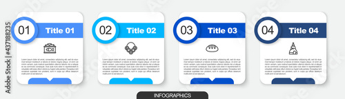Set line Tin can with caviar, Russian bagels, Bread loaf and The Tsar bell. Business infographic template. Vector