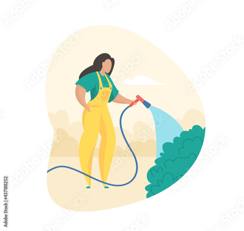 Gardener is watering bushes. Caring for park and garden vegetation. Woman in uniform carefully waters plants with hose. Beautiful and cool green meadow in heat. Vector flat illustration isolated