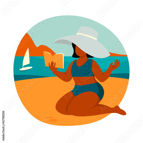 Woman on the beach in a bikini and panama reads a book. Summer vacation by the ocean. Flat vector illustration
