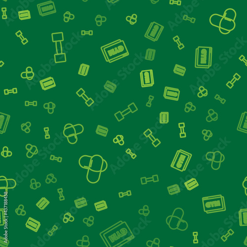 Set line Dumbbell, Sports nutrition and Online fitness and training on seamless pattern. Vector