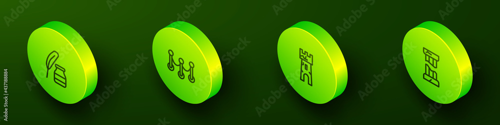 Set Isometric line Feather and inkwell, Rope barrier, Castle tower and Broken ancient column icon. Vector Set Isometric line Feather and inkwell, Rope barrier, Castle tower and Broken ancient column icon. Vector