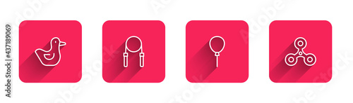 Set line Rubber duck, Jump rope, Balloons with ribbon and Fidget spinner with long shadow. Red square button. Vector