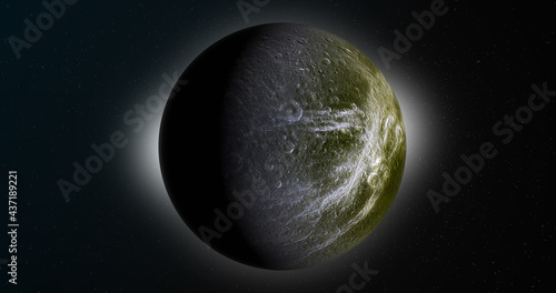Dione, Saturn's moon, rotating. 3d render photo