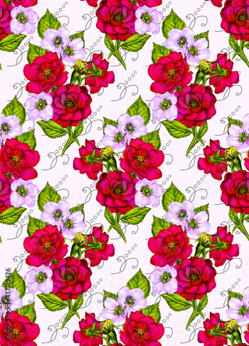 Creative composition with the image of bouquets and flowers. Decorative seamless background with a summer theme. Material for printing on paper or fabric.