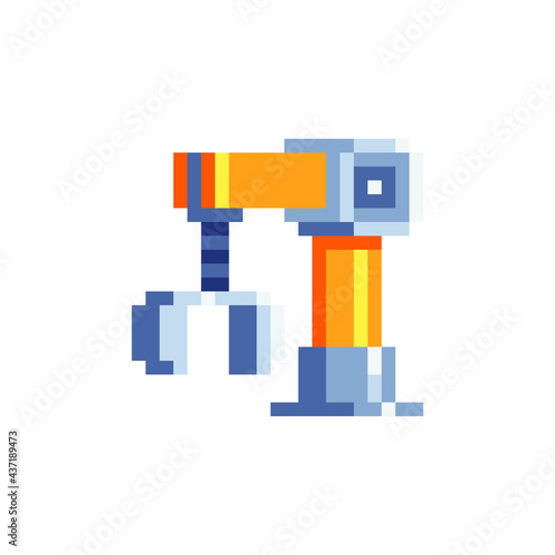 Robotic arm in for industry work. Automation icon. Pixel art style. Robot hand controller. 8-bit sprite. Isolated abstract vector illustration.