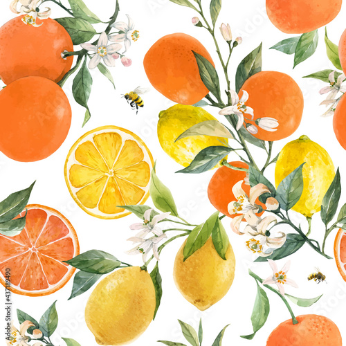 Beautiful vector seamless pattern with watercolor hand drawn citrus orange lemon grapefruit fruits. Stock illustration.