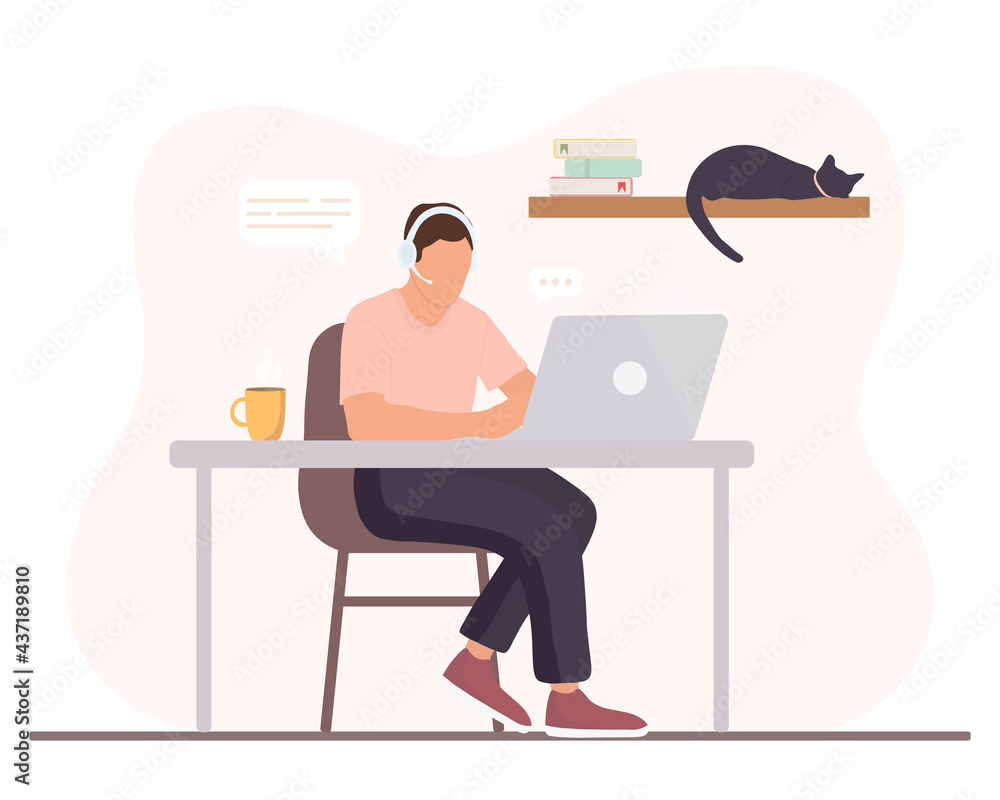 Man is working at the desktop with a laptop and headphones with microphone at home. Concept illustration for support, assistance, call center. Vector illustration in cartoon style Man is working at the desktop with a laptop and headphones with microphone at home. Concept illustration for support, assistance, call center. Vector illustration in cartoon style