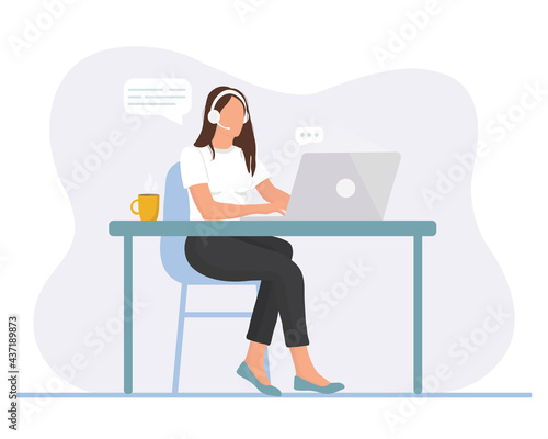 Woman is working  at the desktop with a laptop and headphones with microphone. Concept illustration for support, assistance, call center. Vector illustration in cartoon style