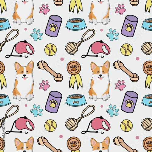 Seamless colorful pattern with corgi and accessories. Background for pet shop, veterinary clinic, pet store, zoo, shelter. Flat style design, vector illustration.