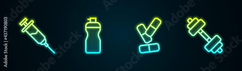 Set line Doping syringe, Fitness shaker, Vitamin pill and Dumbbell. Glowing neon icon. Vector