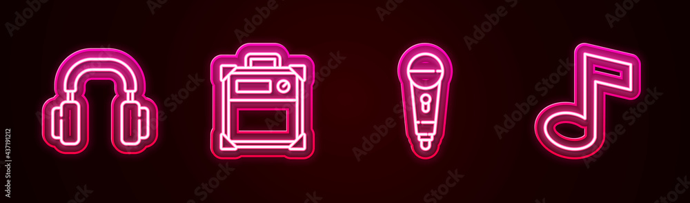 Set line Headphones, Guitar amplifier, Microphone and Music note, tone. Glowing neon icon. Vector Set line Headphones, Guitar amplifier, Microphone and Music note, tone. Glowing neon icon. Vector