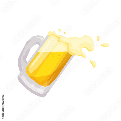 Tilted mug of light, lager beer with splashing foam isolated on white. Vector illustration for postcard greeting card, banner, advertising, menu, articles.