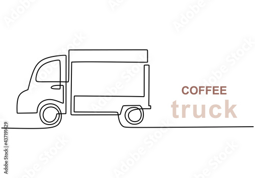 Single continuous line of coffee food truck. Coffee food truck in one line style isolated on white background.