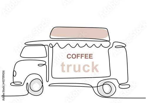 Single continuous line of coffee food truck. Coffee food truck in one line style isolated on white background.