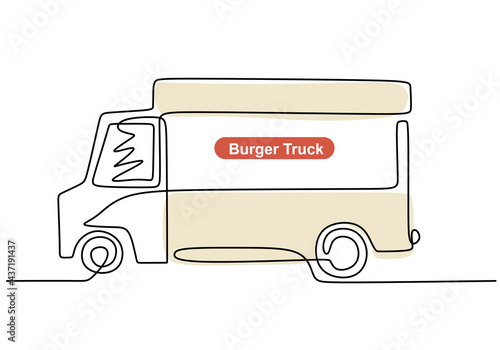 Single continuous line of burger food truck. Burger truck in one line style isolated on white background.