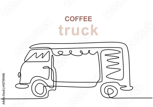 Single continuous line of coffee food truck. Coffee food truck in one line style isolated on white background.