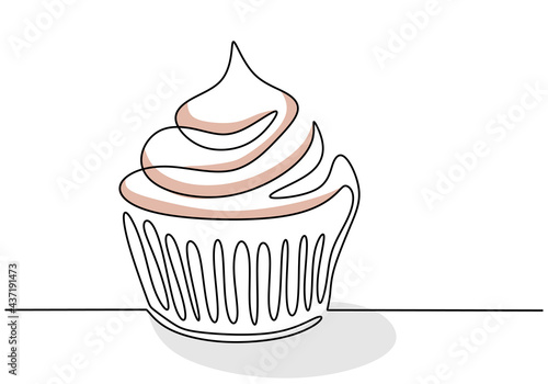 Single continuous line of big cupcake. Big cupcake fast food in one line style isolated on white background.