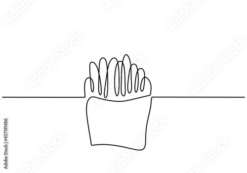 Single continuous line of french fries. French fries fast food in one line style isolated on white background.