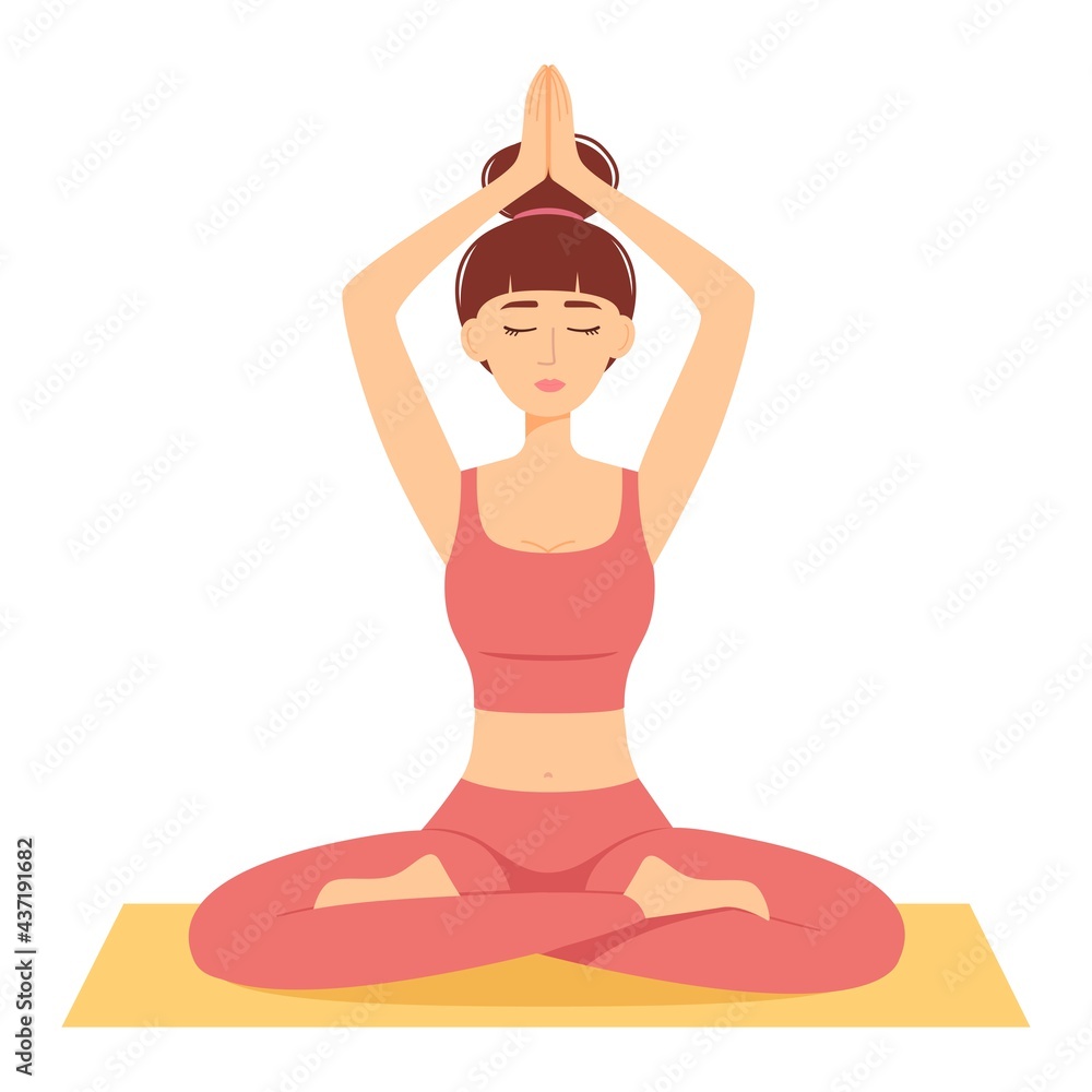 Meditating woman. Girl in lotus position practicing yoga, vector illustration