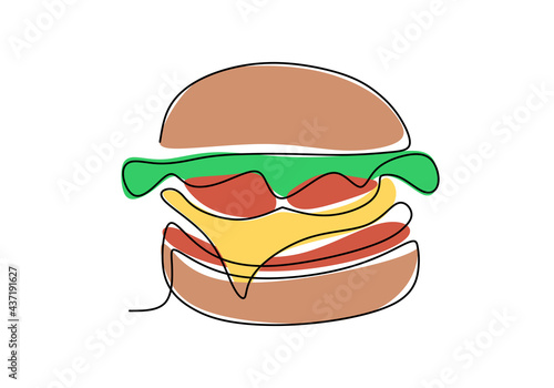 Single continuous line of Hamburger. Big burger fast food in one line style isolated on white background.