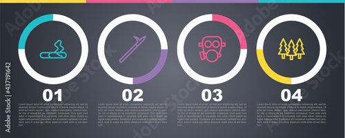 Set line Cigarette, Metal pike pole, Gas mask and Forest. Business infographic template. Vector