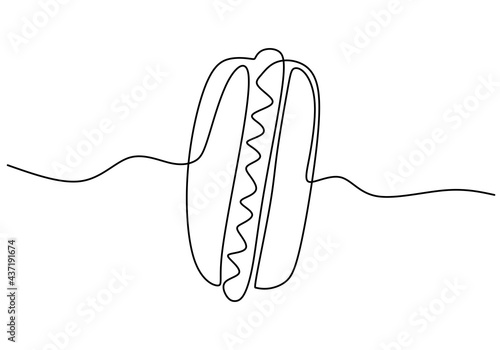 Single continuous line of a hotdog with sausage. Big hotdog with sausage in one line style isolated on white background.