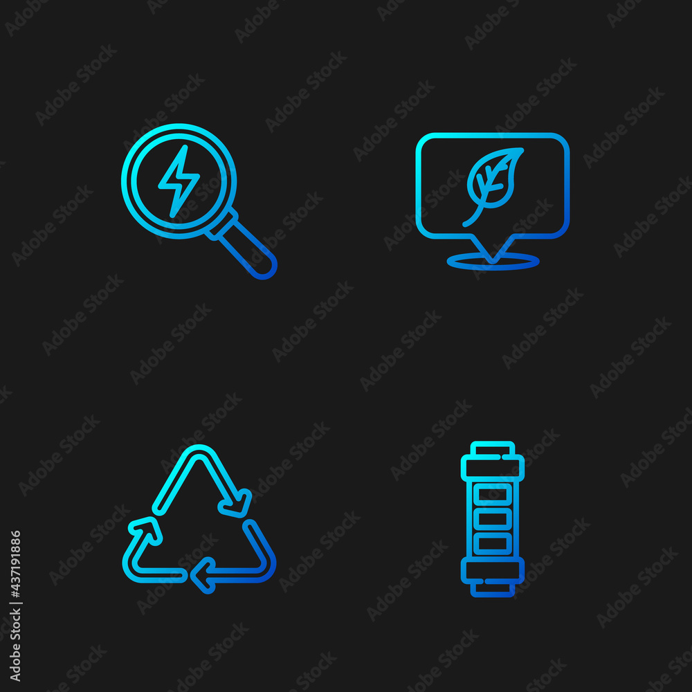 Set line Battery, Recycle symbol, Lightning bolt and Location with leaf. Gradient color icons. Vector