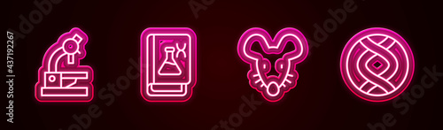 Set line Microscope, Genetic engineering book, Experimental mouse and DNA symbol. Glowing neon icon. Vector