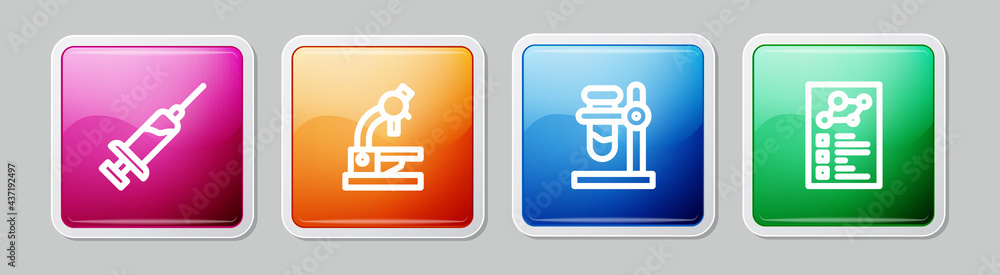 Set line Syringe, Microscope, Test tube flask on stand and Clinical record. Colorful square button. Vector Set line Syringe, Microscope, Test tube flask on stand and Clinical record. Colorful square button. Vector