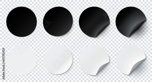Mockup realistic paper round stickers black and white colors with curved corners and shadow. Black and white round sticker on a transparent background. Vector illustration EPS10	