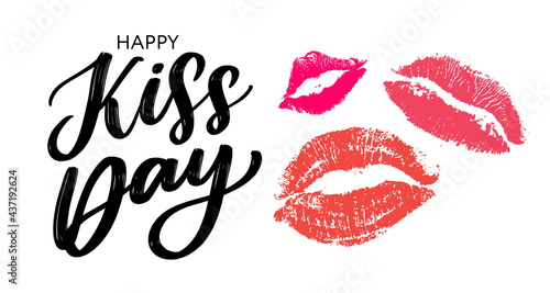 Kiss me greeting card, poster with pink hand drawn watercolor lips. Vector background with ink hand lettering.