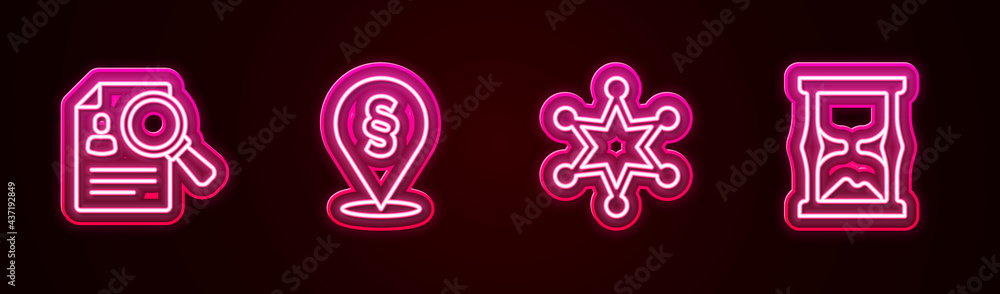 Set line Paper analysis magnifying, Location law, Hexagram sheriff and Old hourglass. Glowing neon icon. Vector Set line Paper analysis magnifying, Location law, Hexagram sheriff and Old hourglass. Glowing neon icon. Vector