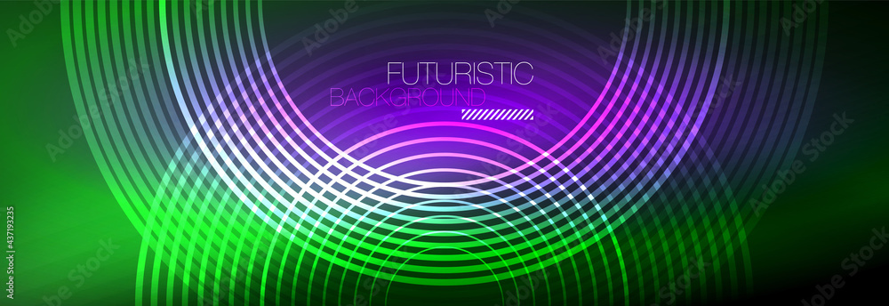 Dark abstract background with glowing neon circles. Trendy layout template for business or technology presentation, internet poster or web brochure cover, wallpaper