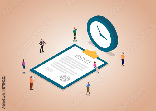 temprorary contract concept with people and contracts document and time clock with modern flat isometric style