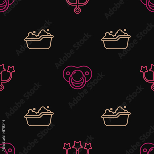 Set line Baby crib hanging toys, bathtub and dummy pacifier on seamless pattern. Vector