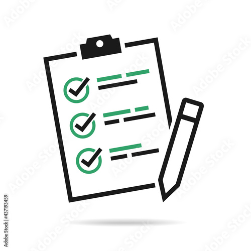 Clipboard checklist or document with checkmark. Checklist clipboard and pen. Illustration vector