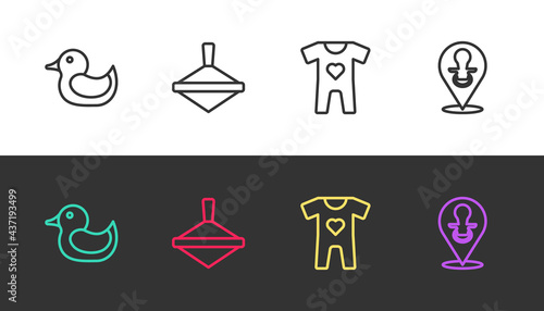 Set line Rubber duck, Whirligig toy, Baby clothes and dummy pacifier on black and white. Vector
