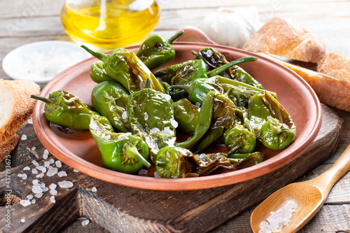 Grilled padron peppers with salt and and olive oil on plate. photo