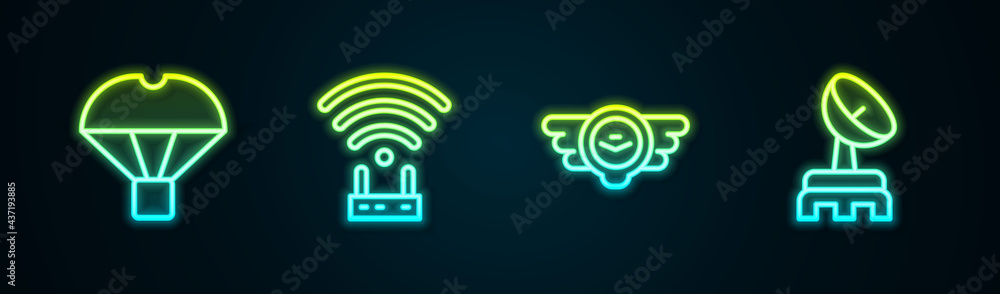 Set line Box flying on parachute, Router and wi-fi signal, Aviation emblem and Radar. Glowing neon icon. Vector Set line Box flying on parachute, Router and wi-fi signal, Aviation emblem and Radar. Glowing neon icon. Vector