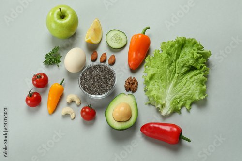 Concept of healthy nutrition on light gray background