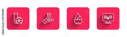 Set line Test tube radiation  and flask  Alcohol or spirit burner and Chemical formula for H2O with long shadow. Red square button. Vector