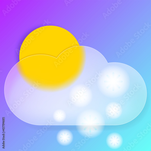 Glass morphism 3d illustration. Cloudy sky vector icon: sun covered with clouds, snow. Icon for mobile devices, mobile applications in the style of glass morphism.