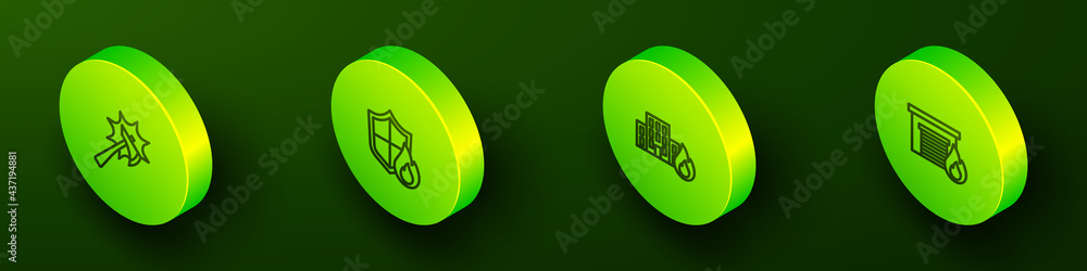 Set Isometric line Firefighter axe, protection shield, in burning buildings and garage icon. Vector