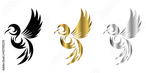 Flying hummingbird three color black gold silver line art Vector illustration on a white background Suitable for making logo