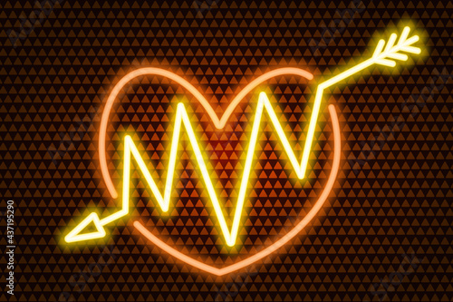 An arrow pierces the heart. Neon glow. Colored vector illustration. Isolated background from golden triangles. Valentines Day. Accurate shot. Zigzag needle. Lovers symbol. A wounded heart. 