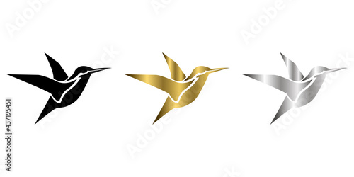 three color black gold silver Vector illustration on a white background of flying hummingbirds Suitable for making logos
