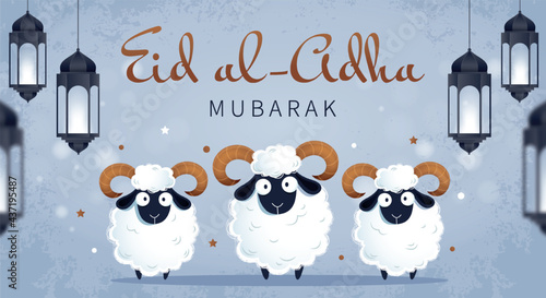 Traditional Muslim holiday Eid al-Adha. White rams and hanging lamps. Islamic greeting card, poster, banner or flyer. 
