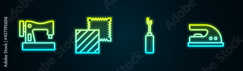 Set line Sewing machine, Textile fabric roll, Awl tool and Electric iron. Glowing neon icon. Vector